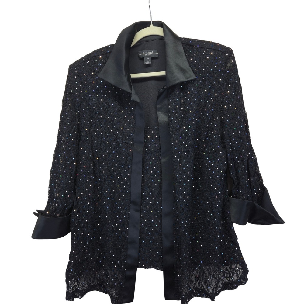 R&M Richards Woman Black Sequin Lace Jacket‎ & Tank Set 18W Evening Glam Wedding